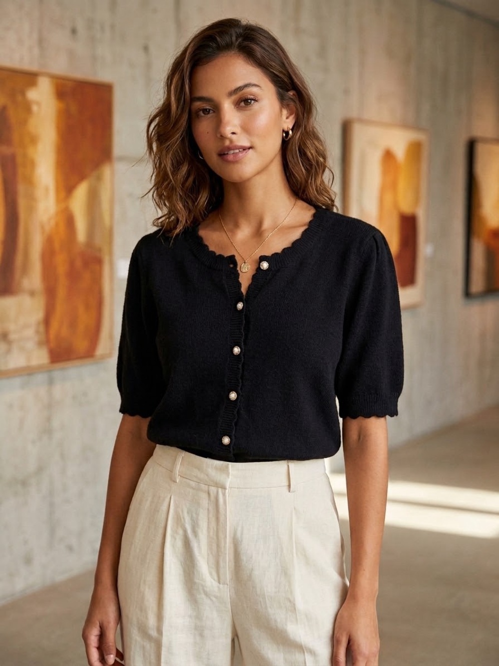 Bisual Black Button-Front Short Sleeve Knit Top